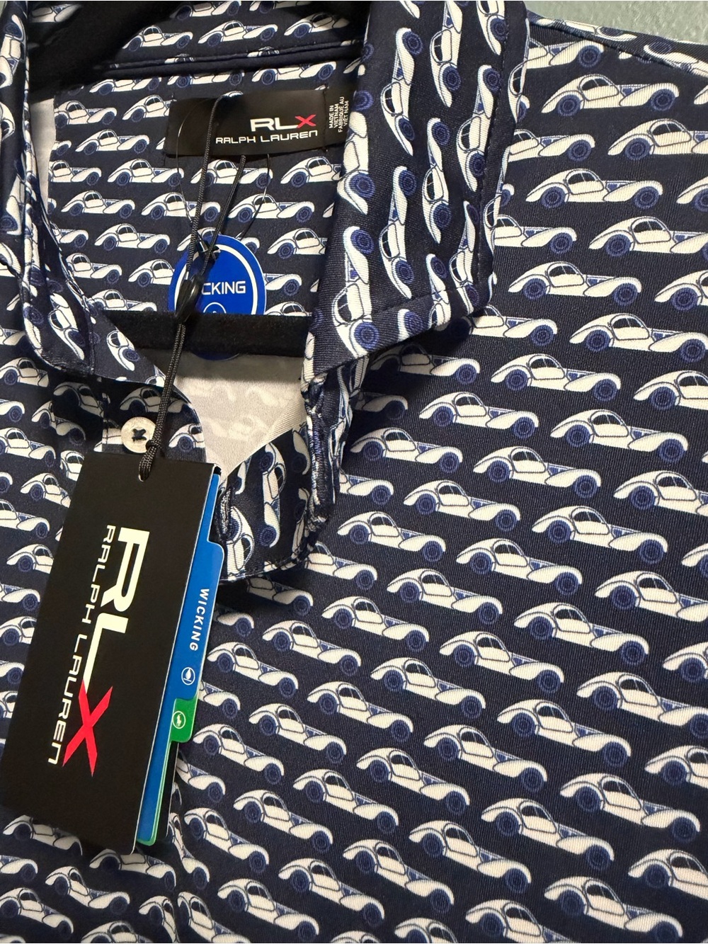 RLX Ralph Lauren Performance Mens Size Large Car Print Golf Polo Shirt NEW $115